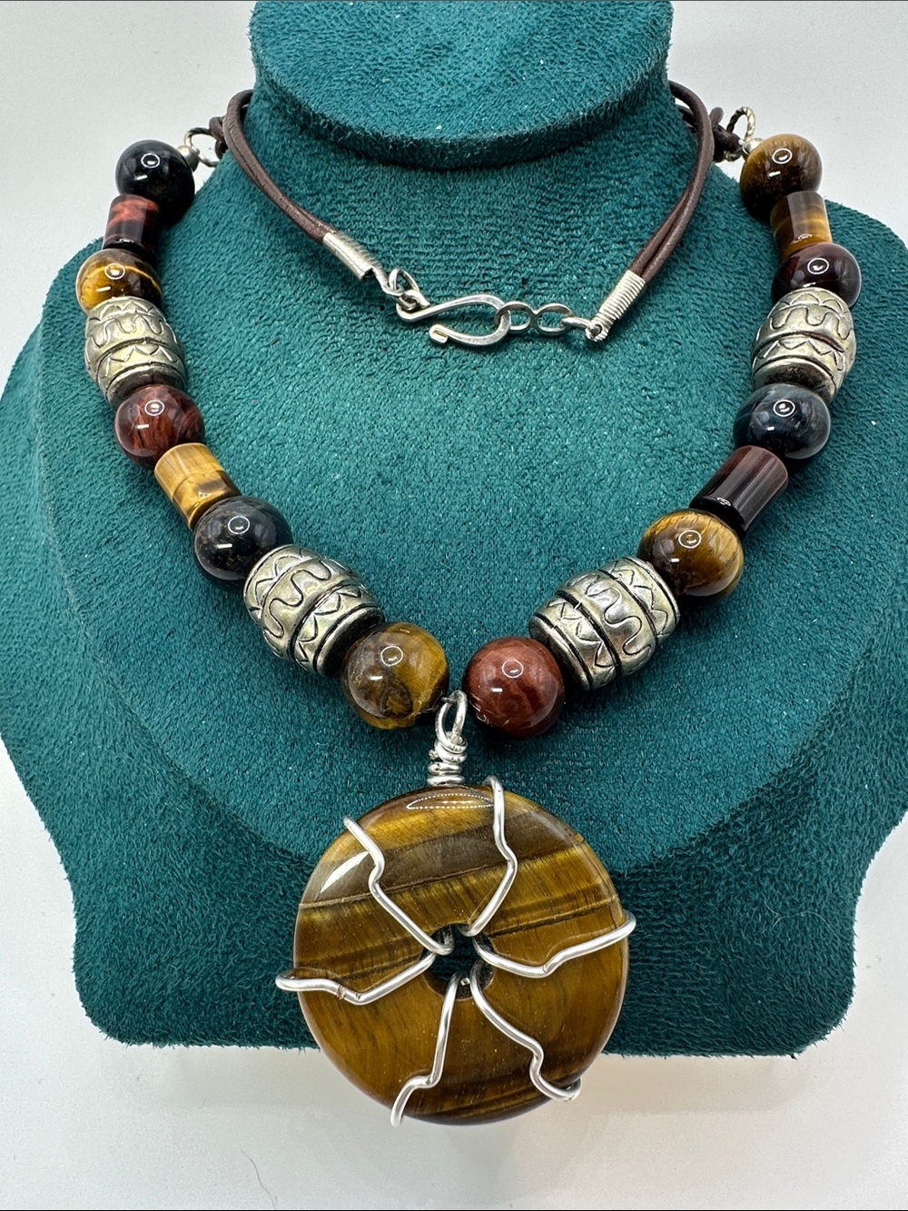 Tiger’s Eye Statement Necklace Chunky Gemstone Beads Artisan Wire-Wrapped
